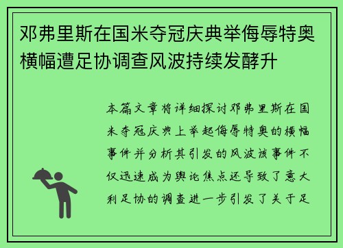 邓弗里斯在国米夺冠庆典举侮辱特奥横幅遭足协调查风波持续发酵升
