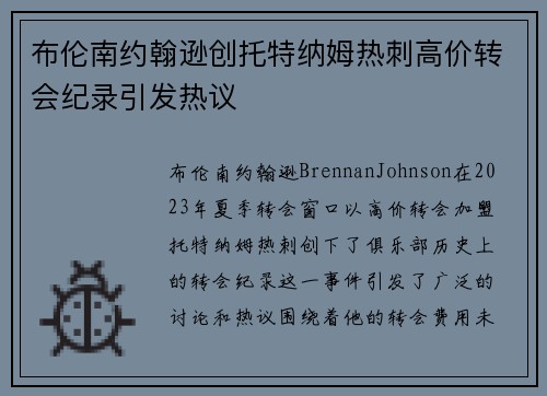 布伦南约翰逊创托特纳姆热刺高价转会纪录引发热议 布伦南约翰逊创托特纳姆热刺高价转会纪录引发热议